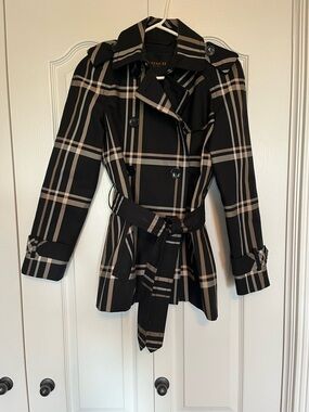 Coach Black Trench Coat with Beige Plaid Accents